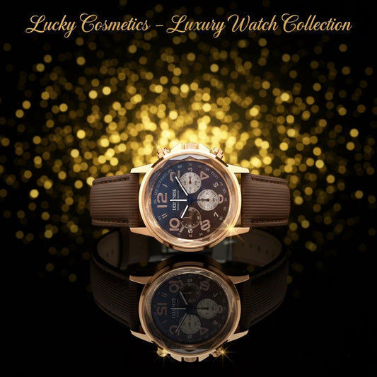 Luxury Chronograph Watch - Rose Gold Casing & Grooved Brown Strap